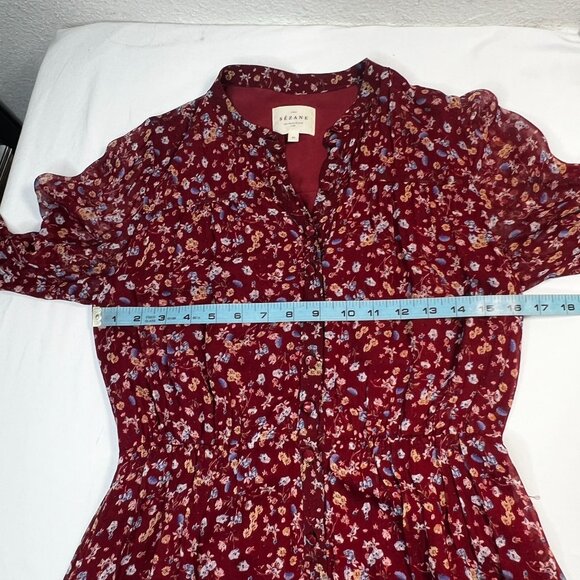 Sezane Alix Midi Dress Sheer Sleeves Button Up Red Bordeaux Floral Print 34 XS - Picture 8 of 15